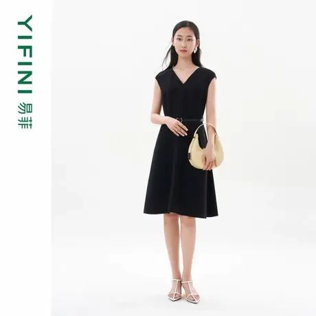 [专柜同款]Yifini/易菲法式V领高腰显瘦优雅气质中长款短袖连衣裙图片