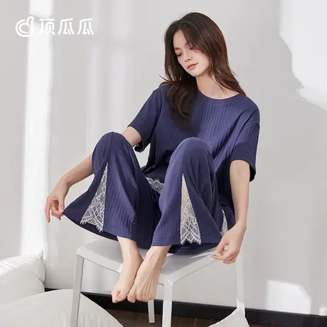【秋上新】顶瓜瓜 蕾丝花边拼接睡衣女春秋 女士宽松短袖长裤套装商品大图