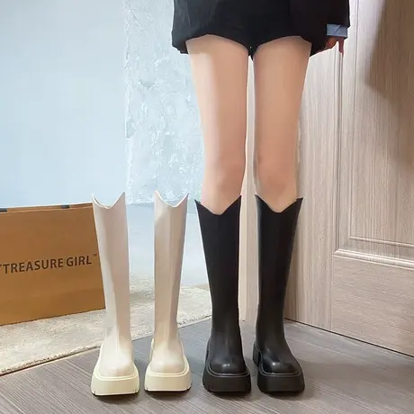 骑士靴女复古厚底靴子夏款女2023新款爆款小众v口显瘦粗跟长筒靴商品大图