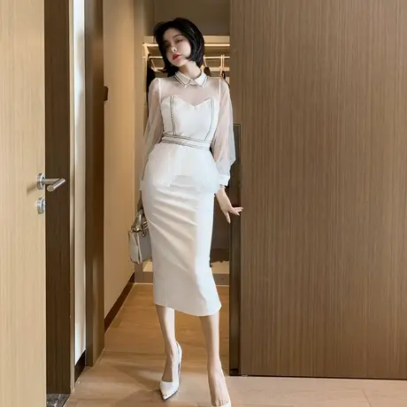 修身显瘦包臀中长款早秋洋气欧货名媛气质典雅连衣裙白色流苏裙子图片
