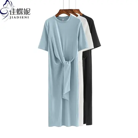 夏季新款韩版圆领纯白修身显瘦纯色简约绑带长款短袖连衣裙女装图片