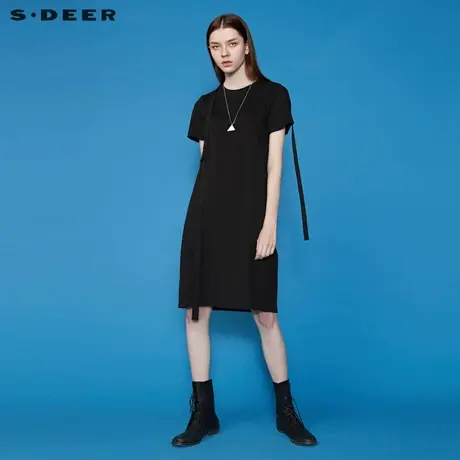 sdeer圣迪奥夏季圆领拼接飘带短袖宽松职场OL连衣裙女S20261206图片