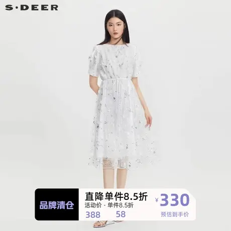 sdeer圣迪奥女装圆领绣花收腰网纱泡泡袖连衣裙S232Z12B3图片