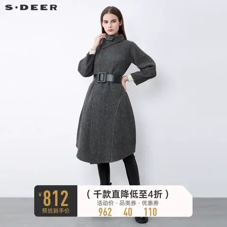 sdeer圣迪奥立领收腰暗条纹拼接毛呢大衣外套女S21481810图片
