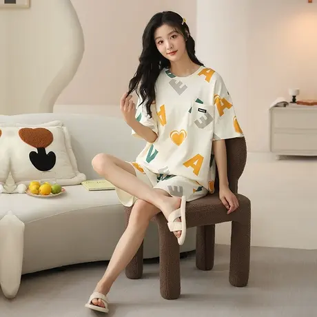 睡衣女夏季纯棉薄款短袖新款可爱可外穿家居服两件套装图片