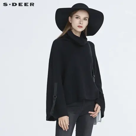 sdeer圣迪奥织带拼接纯黑落肩高领套头宽松针织衫毛衣女S20483532商品大图