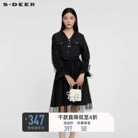 sdeer圣迪奥女装小香风V领收腰网纱连衣裙S231Z1274图片