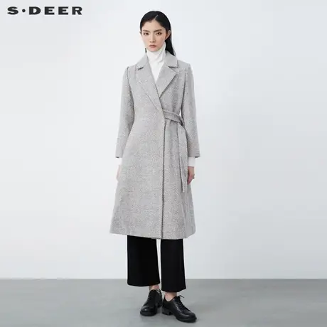 sdeer圣迪奥秋冬休闲翻领条纹拼接毛呢长款通勤大衣女S20481814图片