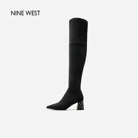 Nine West/玖熙气质绒面过膝靴女2023冬新款设计感镶钻粗跟时装靴商品大图