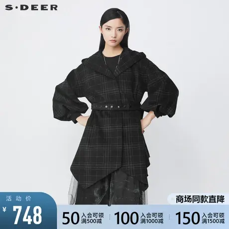 sdeer圣迪奥女装连帽撞色格纹不规则收腰宽松大衣S214Z1703图片
