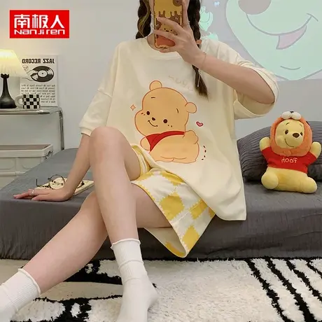 南极人短袖睡衣女士夏季短裤薄款纯棉可爱网红小熊休闲宽松家居服图片