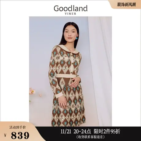 [小香风]Goodland美地秋季美拉德玫瑰提花针织连衣裙图片