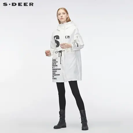 sdeer圣迪奥女装个性撞色字母抽绳收腰毛边下摆连帽风衣S19381834图片