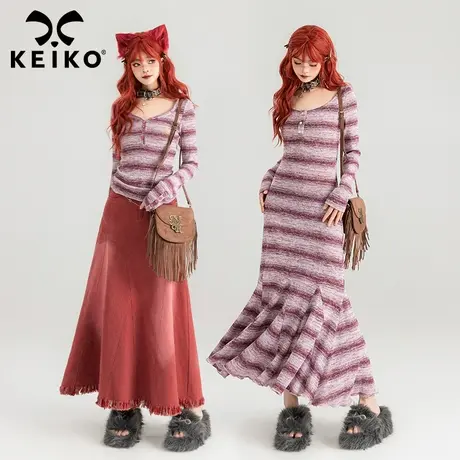 KEIKO 渐变条纹包臀鱼尾连衣裙24春季辣妹修身显瘦紫色针织长裙图片