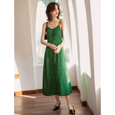 弥古绿色豹纹长款吊带裙连衣裙女夏季法式复古裙子气质长裙沙滩裙图片