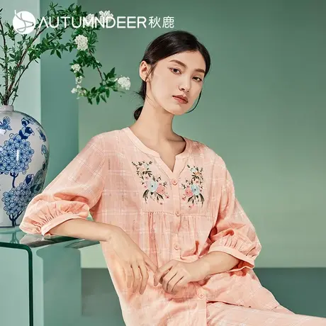 秋鹿柔软透气睡衣女夏季薄款新中式国风条纹格子七分袖家居服套装图片