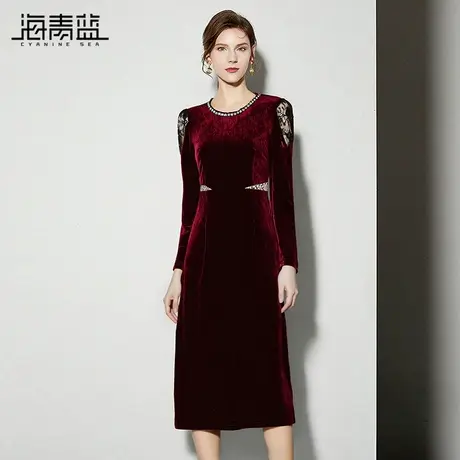 海青蓝 秋季连衣裙2025年新款女装高级设计感小众中长款丝绒裙子图片