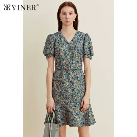 YINER音儿女装夏季法式优雅V领绣花荷叶边连衣裙图片
