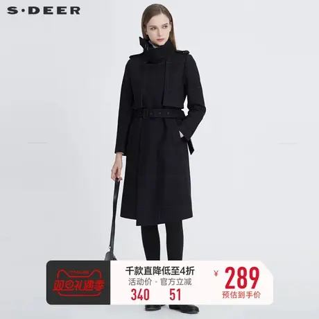 sdeer圣迪奥女装休闲立领撞色格纹收腰H型毛呢大衣S20461812图片