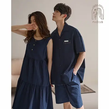 妮狄娅情侣睡衣女夏季薄款纯棉背心裙男休闲开衫学院风家居服套装图片