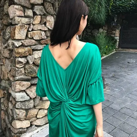 露背莫代尔棉松紧喇叭袖侧开叉裙子中长款韩版宽松大码T恤连衣裙图片