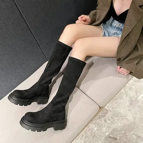 不过膝长靴女2024新款秋冬复古圆头粗跟长筒靴绒面厚底弹力瘦瘦靴商品大图