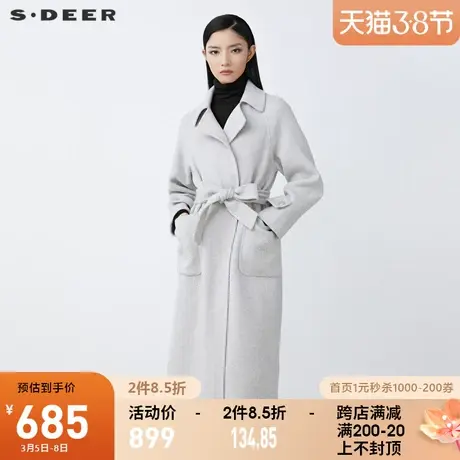 sdeer圣迪奥2021秋冬新品翻领条纹收腰长款通勤毛呢大衣S21461816图片