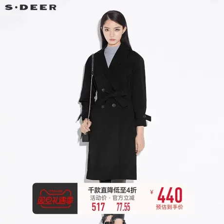 sdeer圣迪奥女装春秋装休闲翻领收腰条纹绒面风衣外套S21381810图片