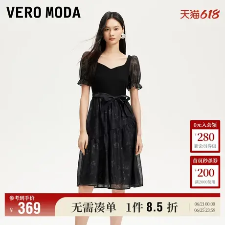 Vero Moda奥莱连衣裙2025夏季新款蝴蝶结系带印花网纱拼接甜美图片