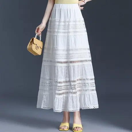 白色半身裙蕾丝裙子女春夏2025新款长裙高腰a字裙气质垂感蛋糕裙图片