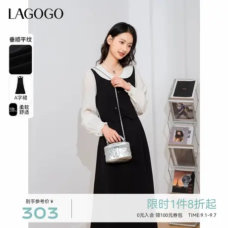 LAGOGO气质减龄撞色拼接连衣裙女拉谷谷2025年秋季新款显瘦小黑裙图片