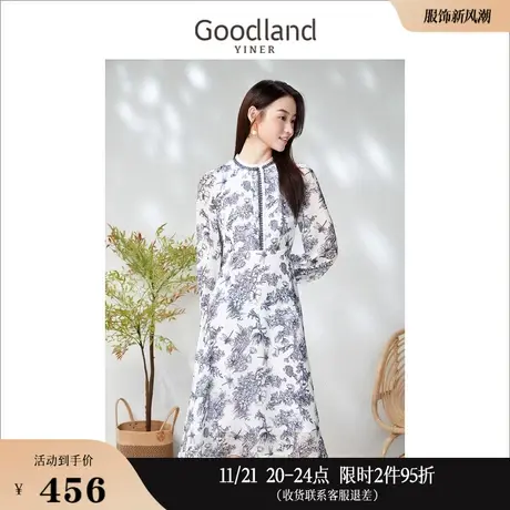 Goodland美地女装2023春季圆领水墨印花荷叶边泡泡袖连衣裙图片