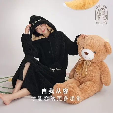 妮狄娅睡衣睡袍女冬季加厚羊羔绒连帽时尚可外穿保暖中长袍家居服图片