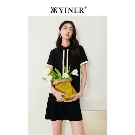 YINER音儿专选女装夏季娃娃领减龄t恤拼百褶连衣裙图片