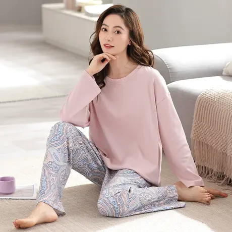 婷美睡衣女士春秋季纯棉长袖圆领可外穿高档休闲家居服套装秋冬款图片