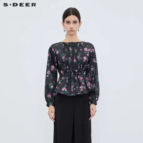 sdeer圣迪奥女装圆领风琴褶收腰碎花长袖衬衫S233Z0576商品大图