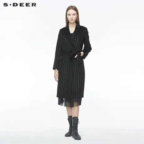 sdeer圣迪奥女冬平驳领双排扣收腰英伦条纹毛呢大衣S19481829图片