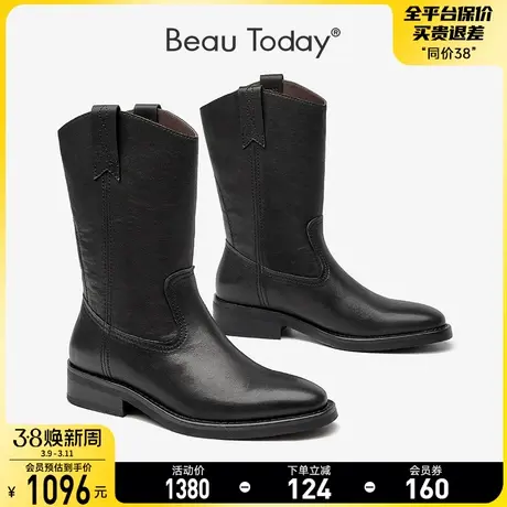 BeauToday骑士靴女秋季新款BT粗跟高筒靴真皮时尚复古增高靴子商品大图