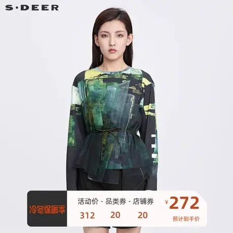 sdeer圣迪奥女装圆领字母印花收腰网纱长袖T恤S22180220图片