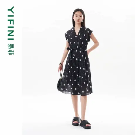 [专柜同款]纯棉肌理感波点连衣裙女系带西装领收腰气质A字衬衫裙图片