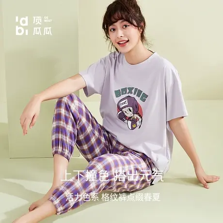 顶瓜瓜 卡通印花女纯棉圆领套头短袖长裤睡衣商品大图