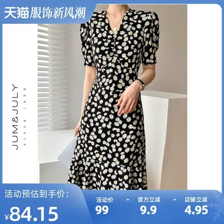 【清仓到手仅需99元】小雏菊连衣裙v领泡泡袖碎花裙显瘦气质图片