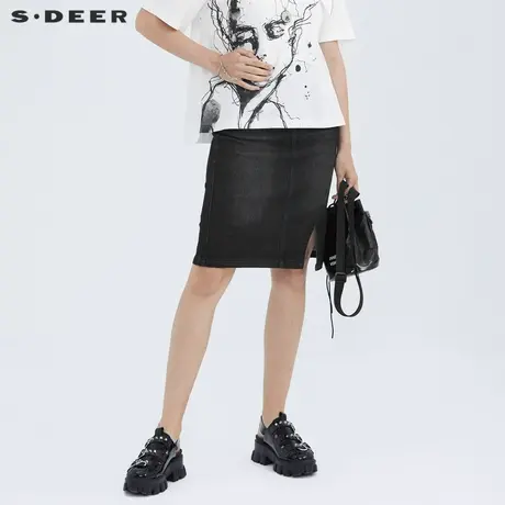 sdeer圣迪奥夏装做旧复古开衩拼接直筒牛仔短裙S21261305图片