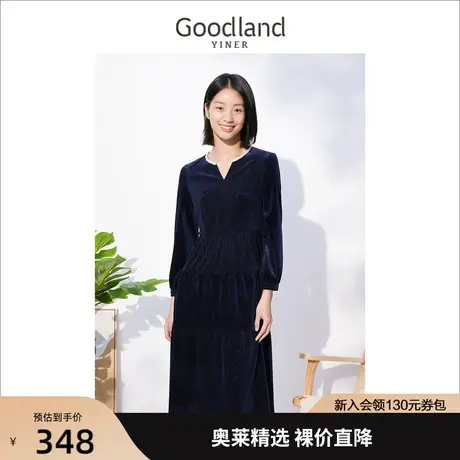 音儿美地女装2022秋季新款亮丝v领长袖收腰金丝绒连衣裙图片