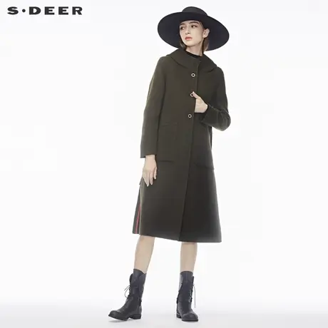 sdeer圣迪奥设计开衩对称贴袋高领连帽毛呢大衣S18481870图片