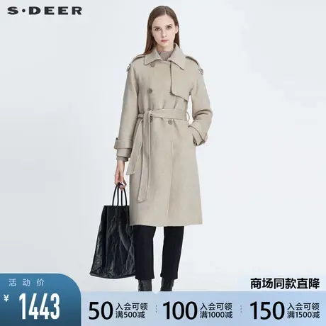 sdeer圣迪奥冬季休闲翻领双排扣收腰中长款毛呢大衣女S20481842图片