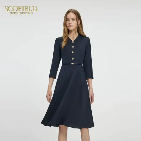 Scofield女装静奢风七分袖V领连衣裙收腰A摆连衣裙2025夏季新款图片