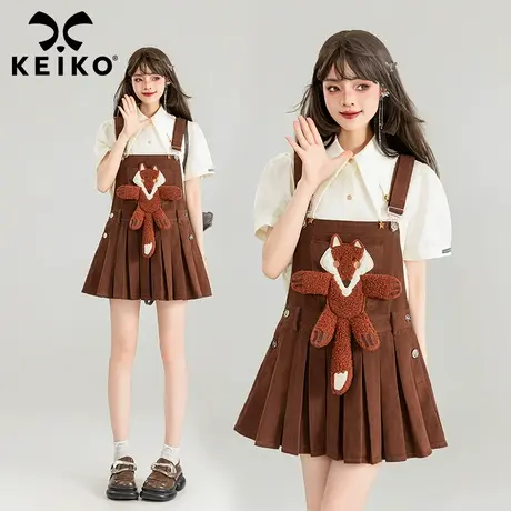 KEIKO 美式复古牛仔背带短裙2024夏季卡通狐狸玩偶减龄显瘦百褶裙图片