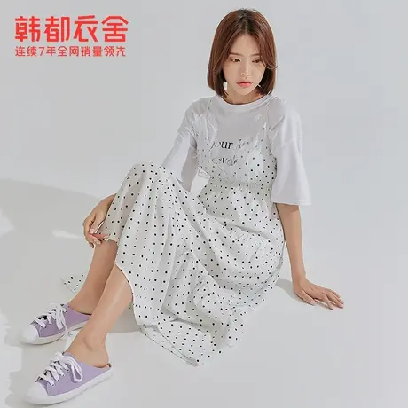 韩都衣舍夏装新款女装蕾丝波点V领吊带蛋糕裙连衣裙RE5172图片