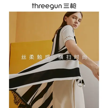 三枪马甲女夏季条纹印花流苏中长款无袖空调女针织披肩图片